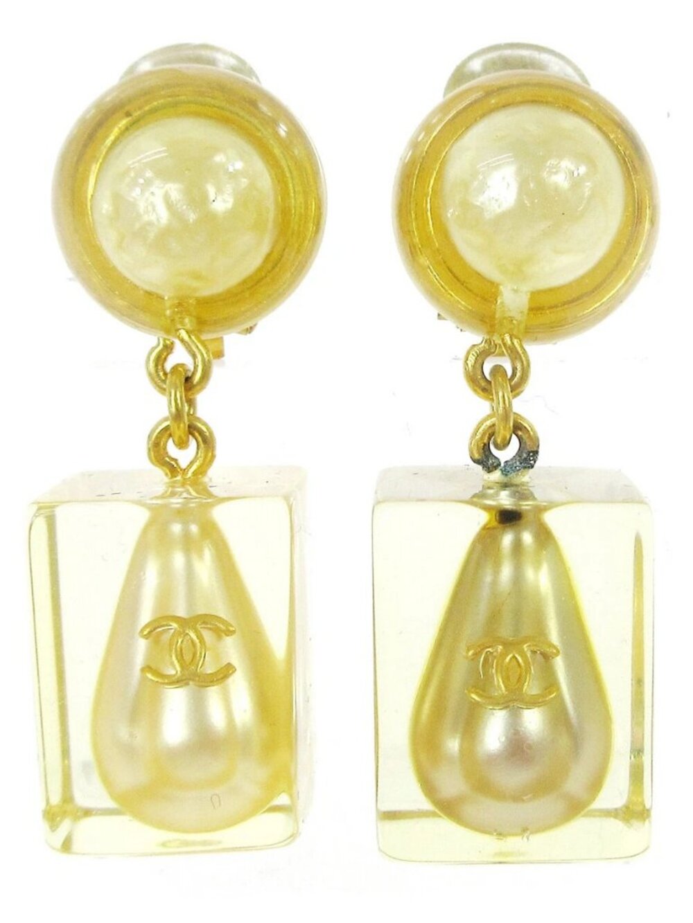 Chanel Artificial Pearl Dangle Earrings Clip-On Acrylic 97P 03505